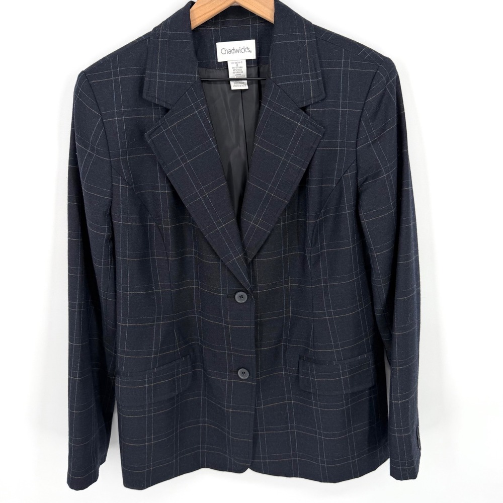VTG 80s Chadwick's Blazer Women‎ 12 Navy Blue Wool Windowpane Plaid Academia